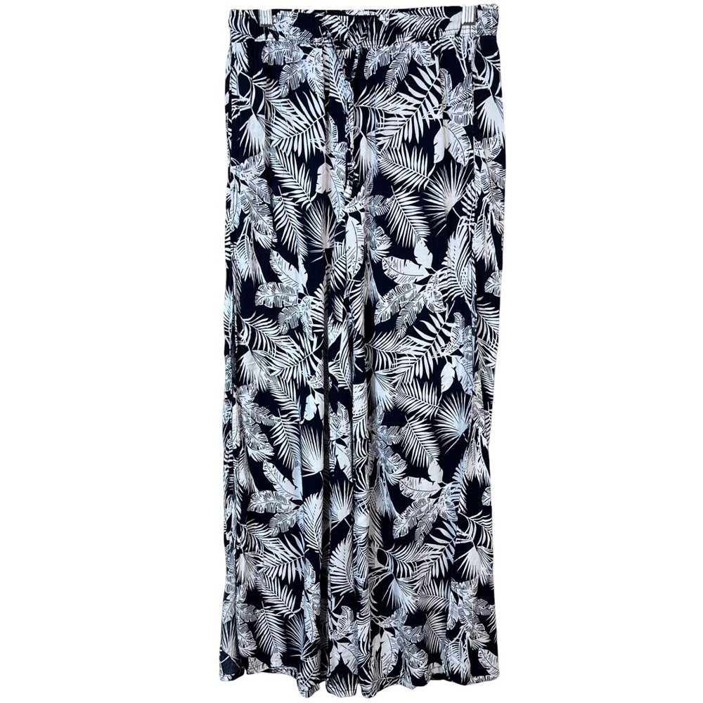 Onia Black White Viscose Tropical‎ Print Split Hem Wide Flowy Pants Size M